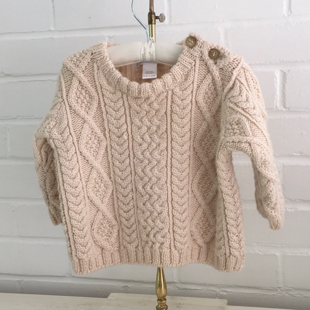 Baby Boy Classic Cream Cable Knit Button-Shoulder Sweater Size 6-12M